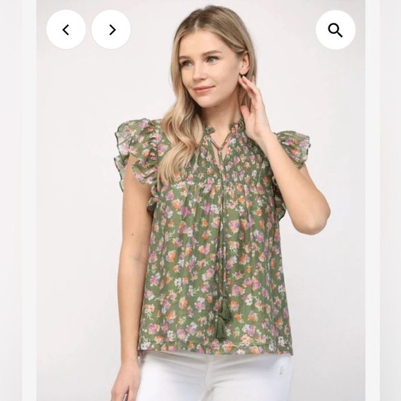 Status by Chenault tassel tie flutter short sleeve top shirt blouse. Olive Sz S - Picture 1 of 9